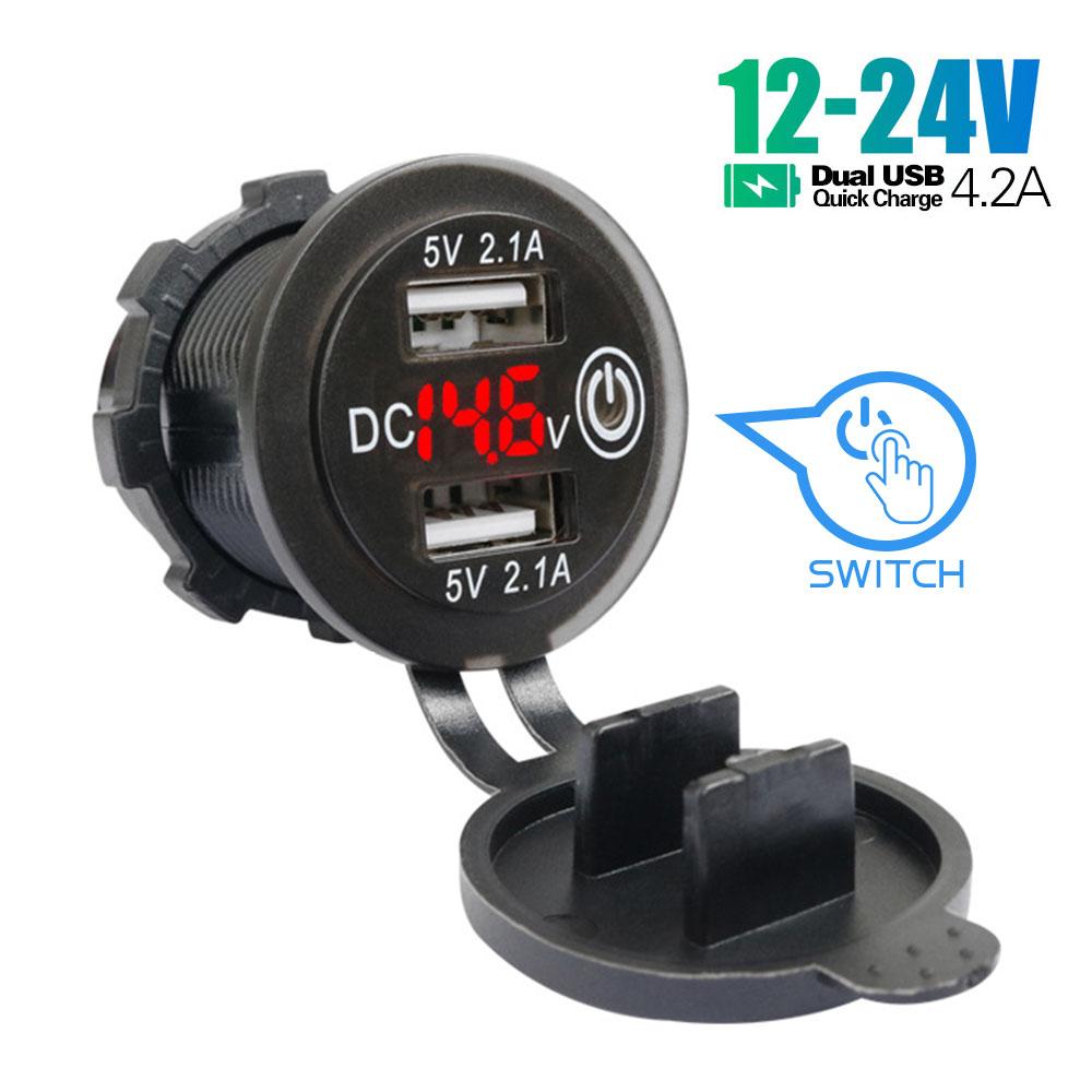 Quick Charger Dual Usb Car Charger With Switch Button 4.2a Fast Charging Power Outlet For 12v/24v Cars Boats Motorcycle