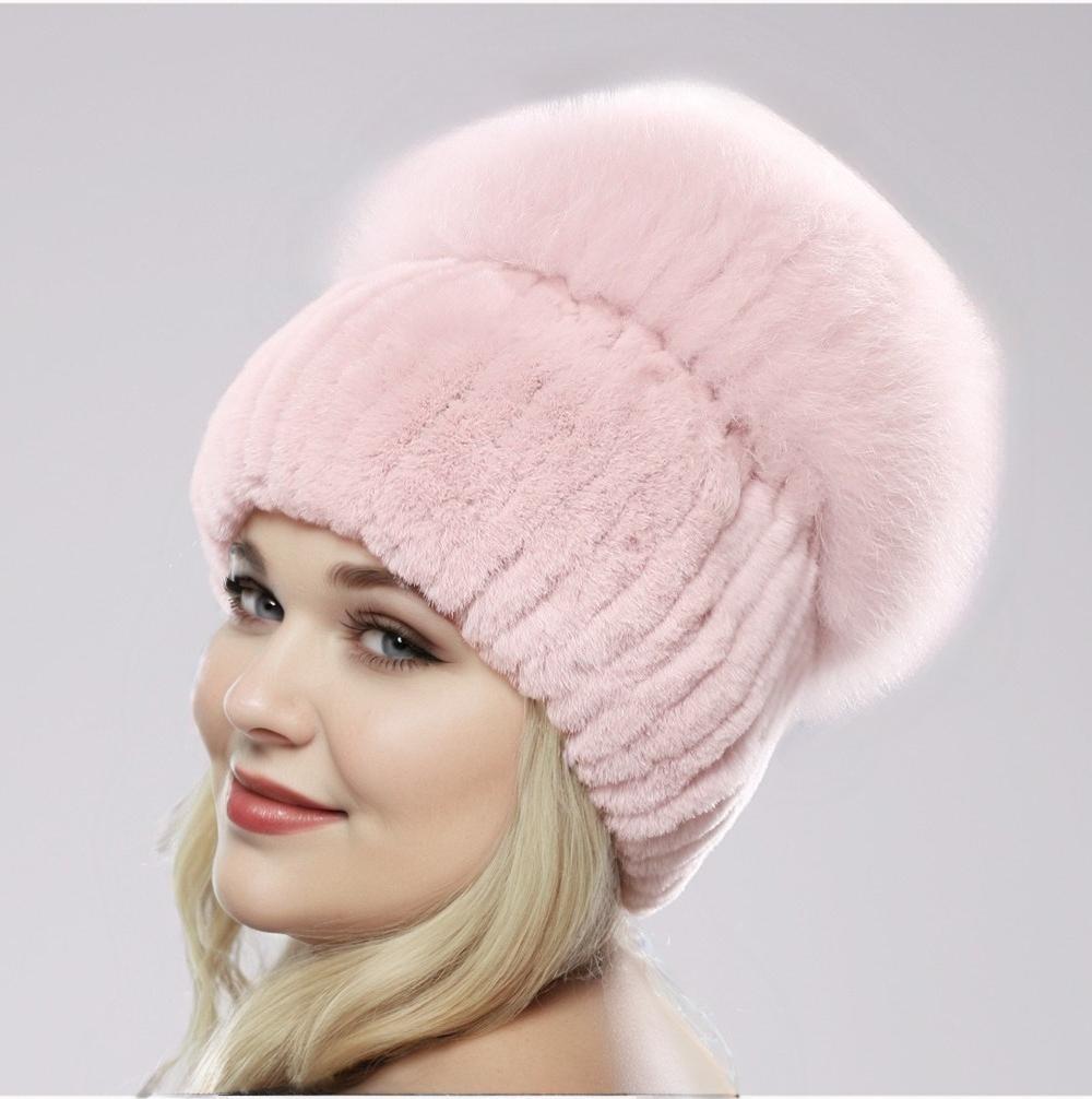 Nové Dámské Zimní Luxusní Čepice z pravé Rex Králičí kožešiny Pletená Rexová králičí kožešinová čepice Top Přírodní Liščí kožešina Čepice Originální Liška Čepice Beanies