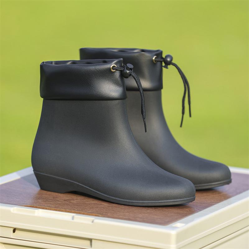 New Women s Fashionable Mid-Calf PVC Rain Boots, Versatile Low-Top with Drawstring, Non-Slip for Outdoor Wear. 36 чёрный