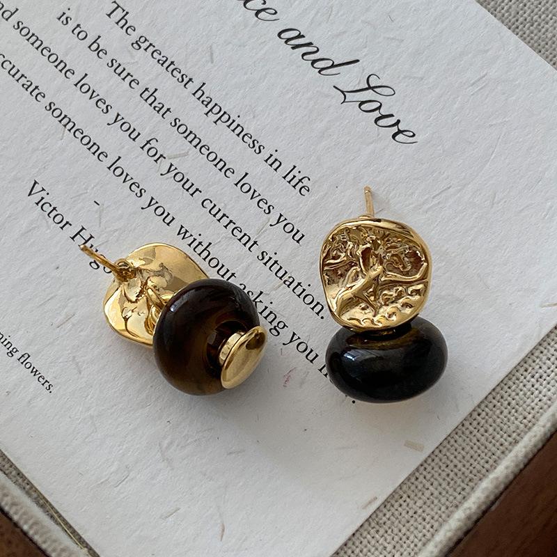 Irregular Ball Pleated Stud Earrings Women'S Year Fashion Retro Niche Versatile Maillard Style Tiger'S Eye Earrings