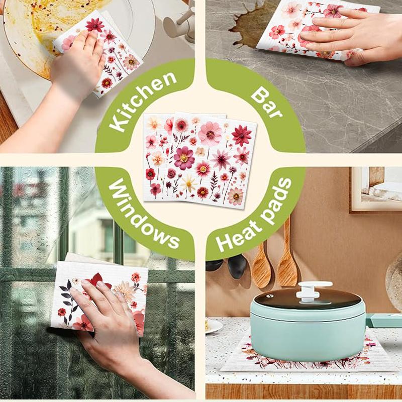 6PCS Red Flowers Print Swedish Dishcloths Eco-Friendly Kitchen Dish Rags Absorbent Dish Towels Reusable Washable Cleaning Cloth