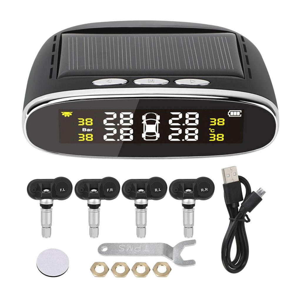 Car Tyre Pressure System Solar, Safety Monitor with 4pcs LCD Display, Tyre Pressure Temperature Warning Alarm Monitor Systems