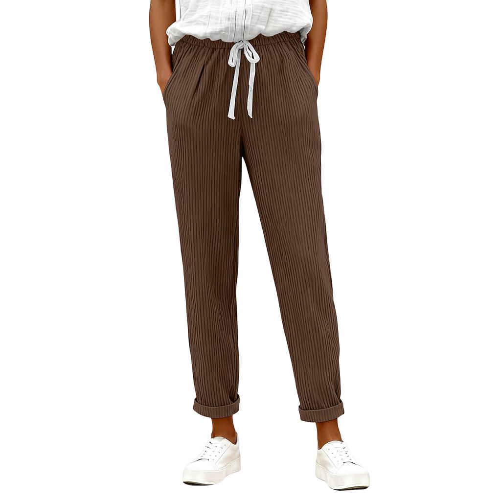 Women's Fashion Solid Color Elastic Waist Pocket Strap Casual Pants