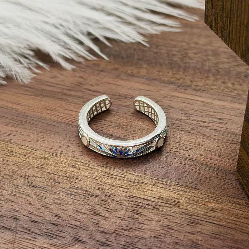 Ethnisch Stil Emaille Meeresblau Tropföl Blume Öffnungsring Damen Nische Leichter Luxus Exquisit Stapelring