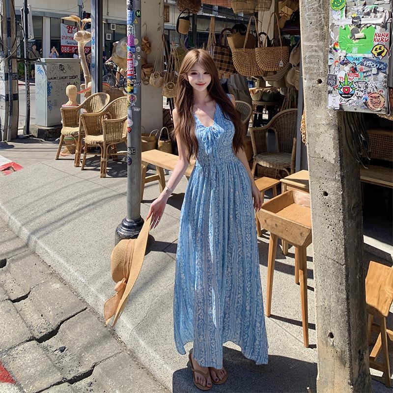 Blue French temperament sleeveless neck sling dress children niche fairy seaside vacation super good-looking long dress