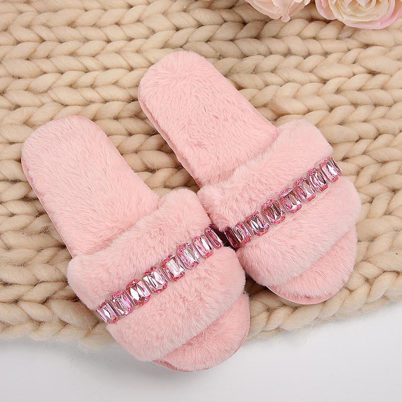 Fashion Rhinestone Fluffy House Slippers for Women 2025 Winter Warm Faux Fur Flat Slides Woman Open Toe One Strap Plush Slippers