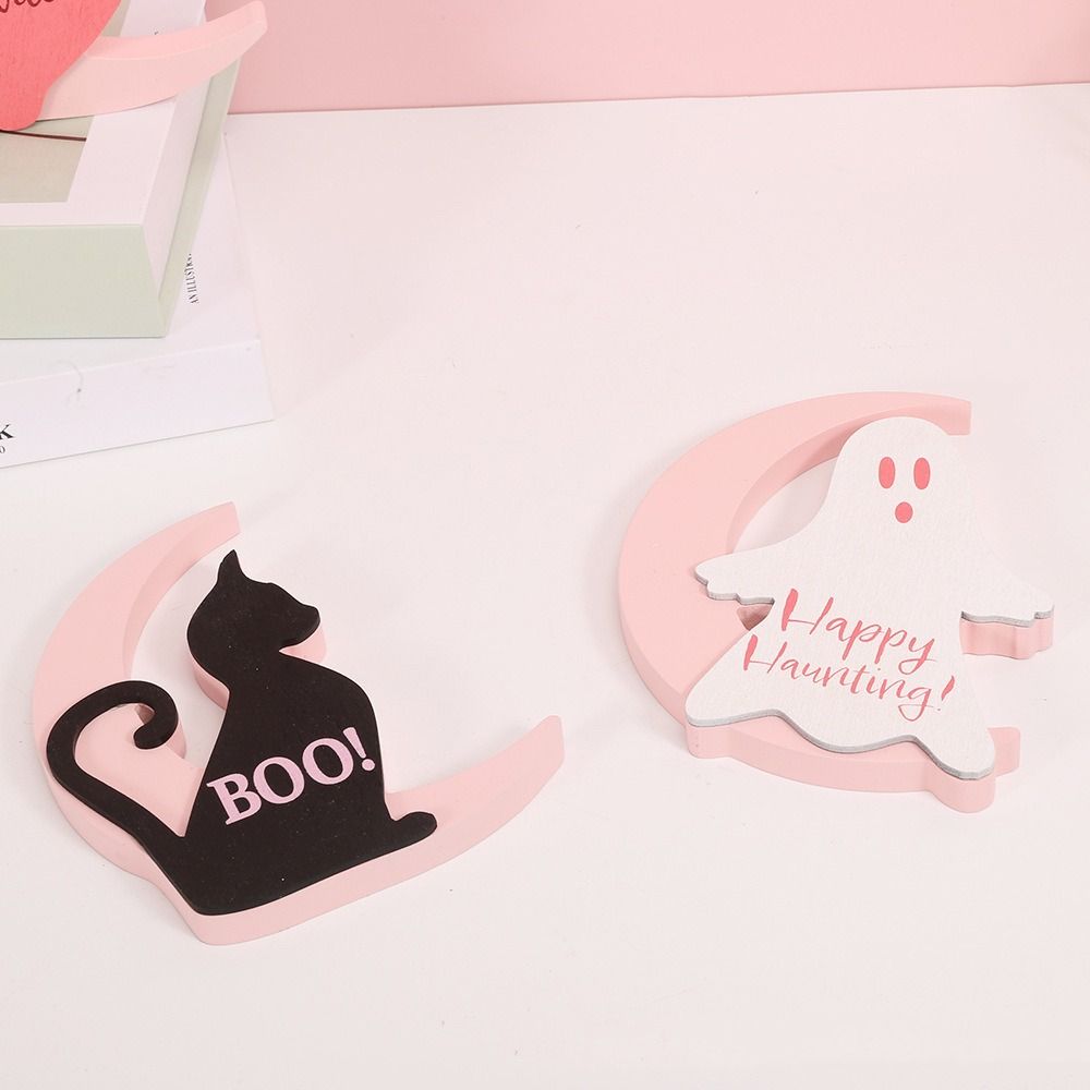 Wooden Moon Witch Decorations Model Handicraft Halloween Witch Ornaments Funny Collectible Moon Black Cat Ornaments