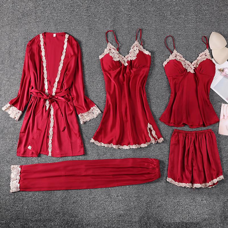 Women’s Ice Silk Pajama Set - 5-Piece: Robe, Camisole, Silk Bottoms, Chest Pads - Lightweight, Sexy, All-Season Home Wear