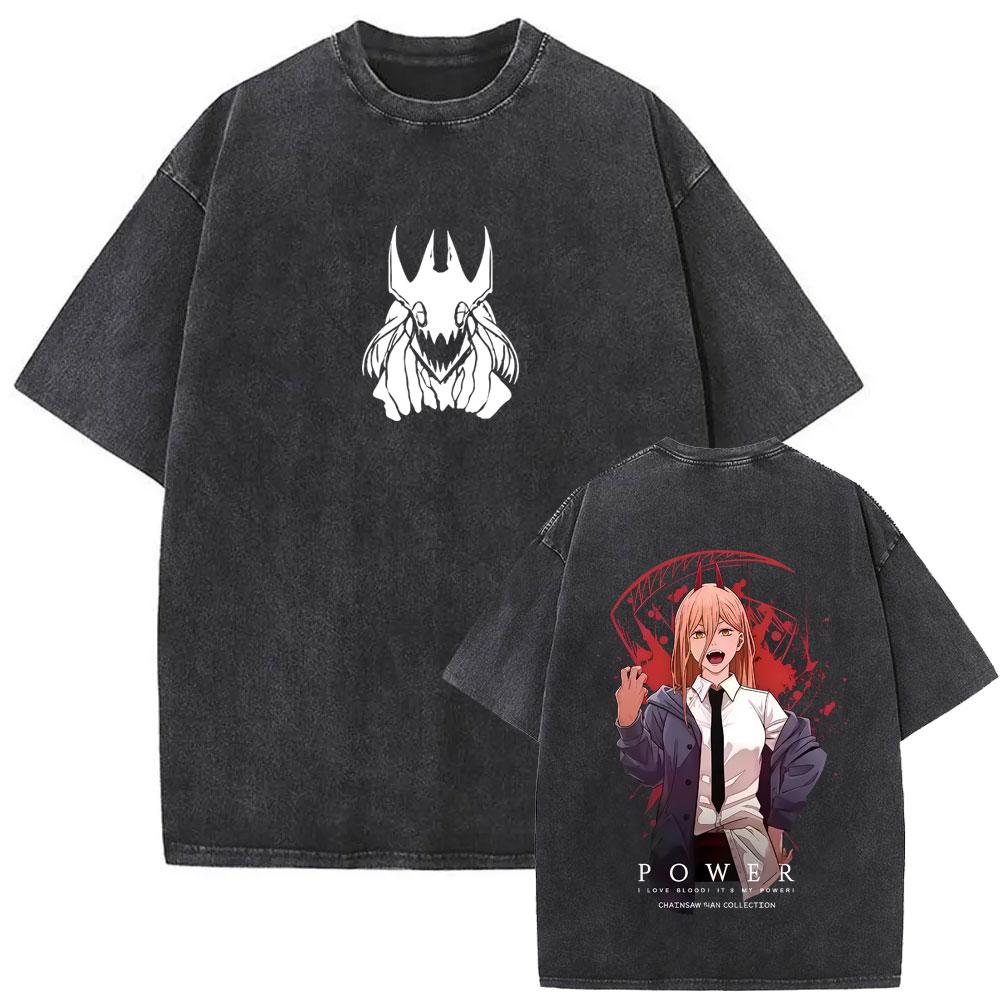 Anime Chainsaw Man Washed Retro Tshirt Cartoon Makima Graphic T Shirts Men Women Manga Vintage Oversized Tshirts Streetwear