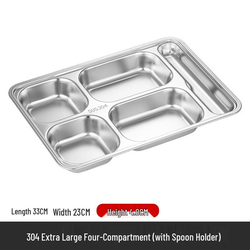 Shixun 304 Stainless Steel Extra Large Deep 4-Compartment Food Tray with Spoon Holder