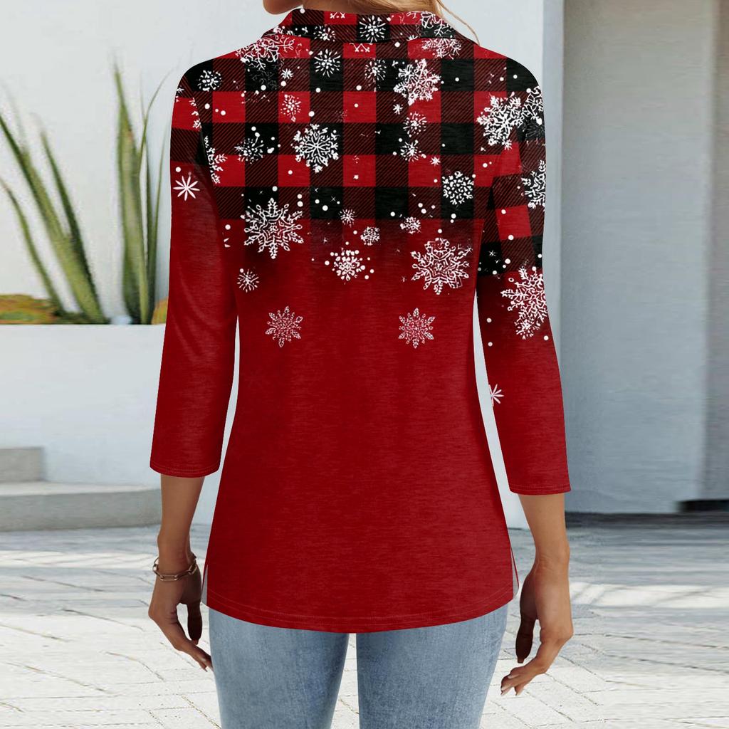 Women's Fashion Casual Lapel Short 3/4 Sleeve Christmas Print Shirt Women's Button Up Tops