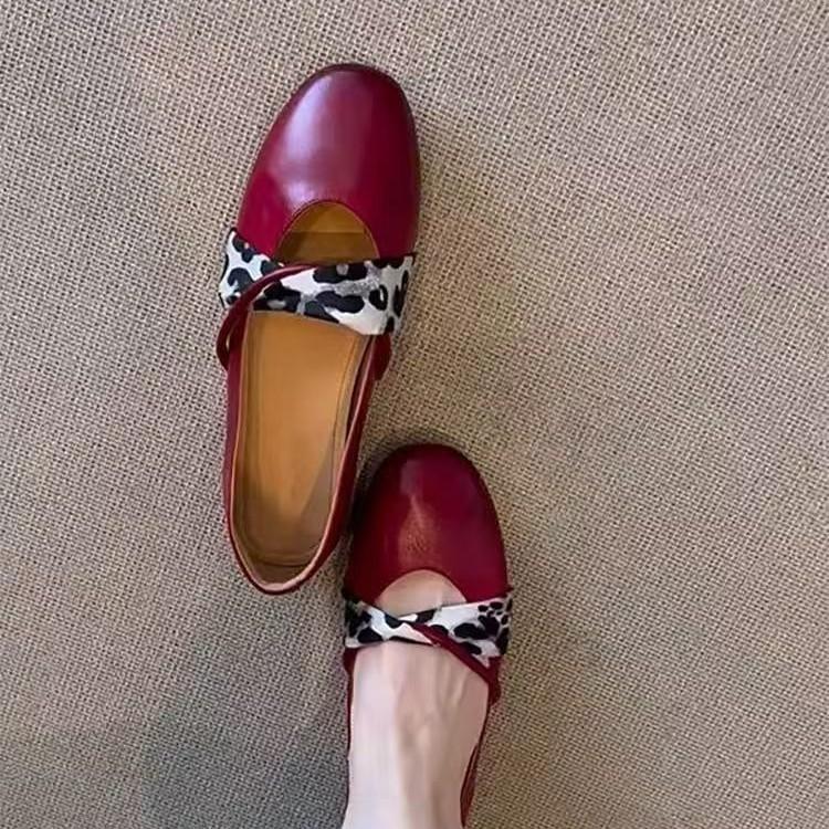 Cowhide Version Retro Round Head Light Mouth Leopard Print Flat-soled Single Shoes Women's New Autumn Niche Design Soft-soled French Commuter Shoes