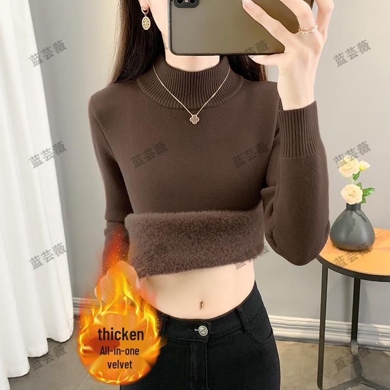 Women's 2025 Autumn Winter Plus Size Half-High Collar Velvet Knit Sweater