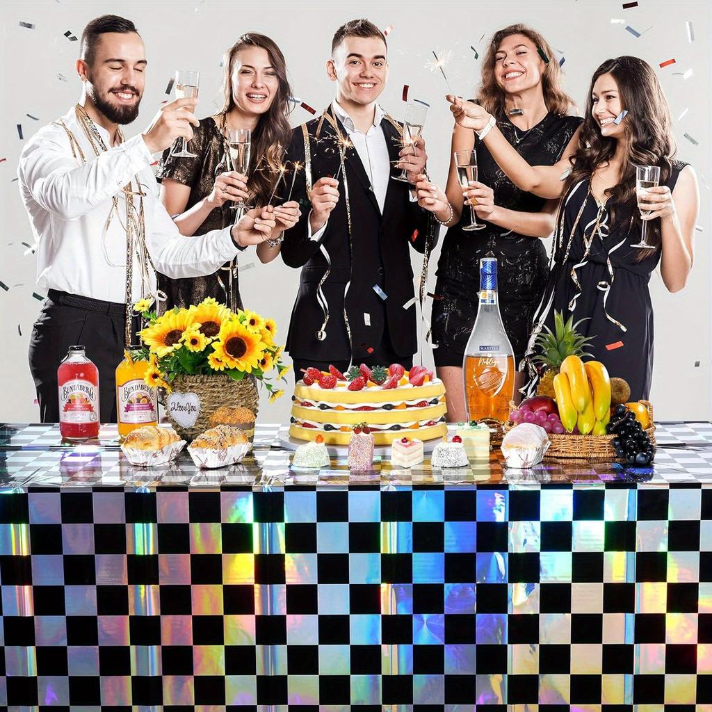 Disposable Checkered Plastic Tablecloth 2pcs Set Shiny Laser Rectangular Cover for Outdoor Picnic Camping Party Supplies