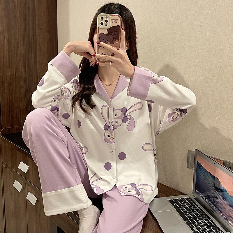 Spring and Autumn New High-end Imitation Cotton Pajamas Women's Summer Long-sleeved Trousers Set Women's Loose Large-size Loungewear
