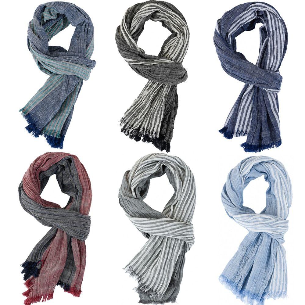 Striped Men's Scarves Cotton Linen Yarn-dyed Neckerchief  Wrap Long Shawl  Autumn Winter Warm