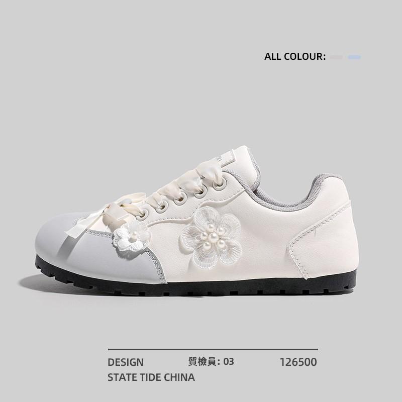 Women's Shoes Sweet Flower White Shoes 2024 Autumn New Campus Style French Cute Internet Celebrity De Xun Shoes