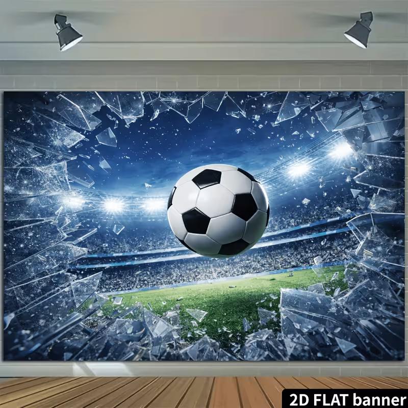 2D Fußballstadion Wandteppich, Fußball der durch eine Glaswand bricht Wandbehang