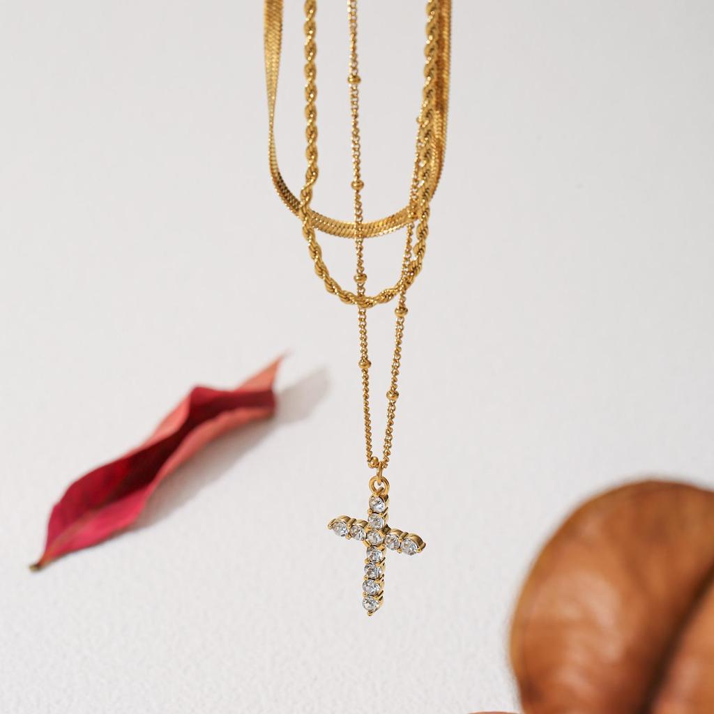 Triple-Layer Zircon Cross Necklace with Snake Bone Twisted Chain 