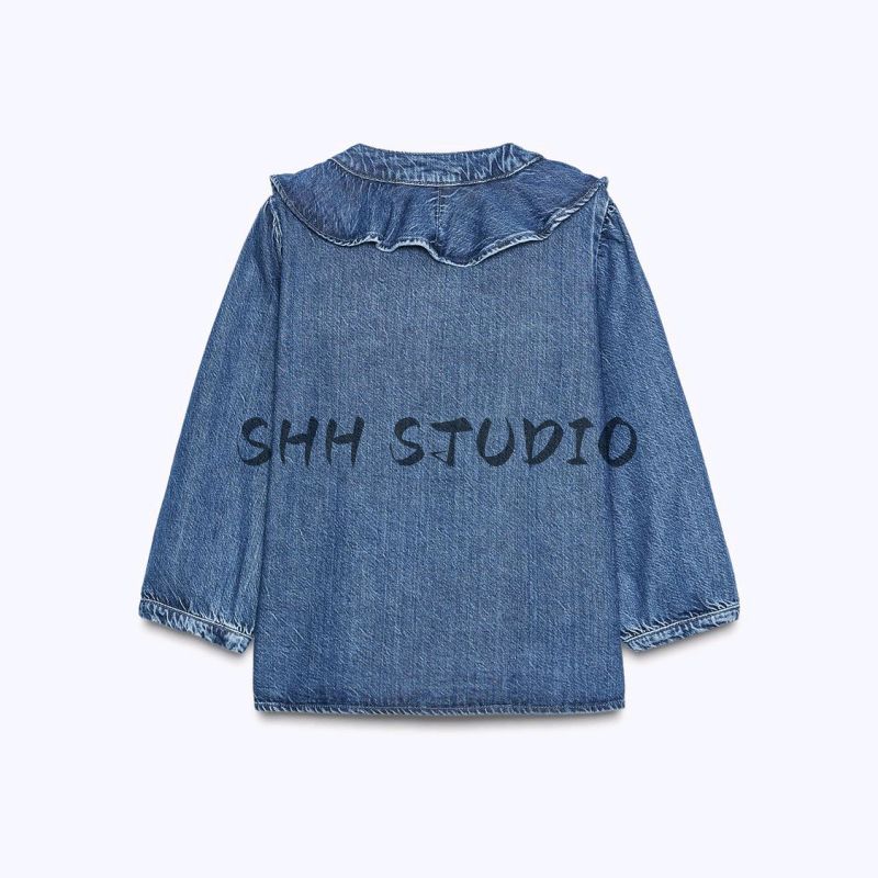 Autumn New Women's Clothing French Style Retro V-neck Long Sleeves Tops Lace Trim Laminated Denim Shirt 6147152