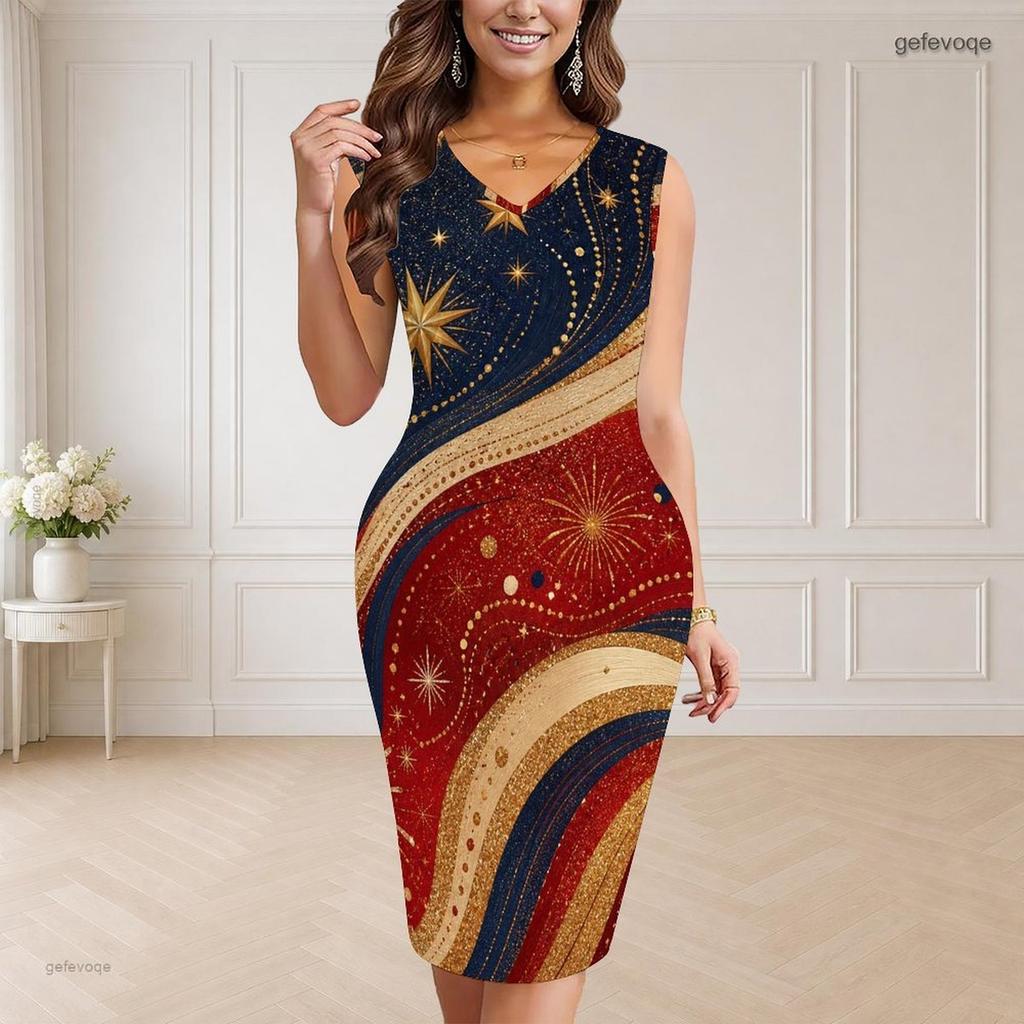 Women Plus Size V Neck Sleeveless White Printed Bodycon Midi Dress