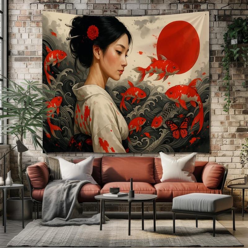 Tapestry of Japanese Geisha and Koi Fish 75x100
