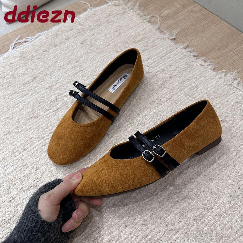 Fashion Fashion Buckle Strap Ladies Mary Janes Flats Shoes Round Toe Female Shallow Footwear Flock Women Ballet Flats Dance Shoes New
