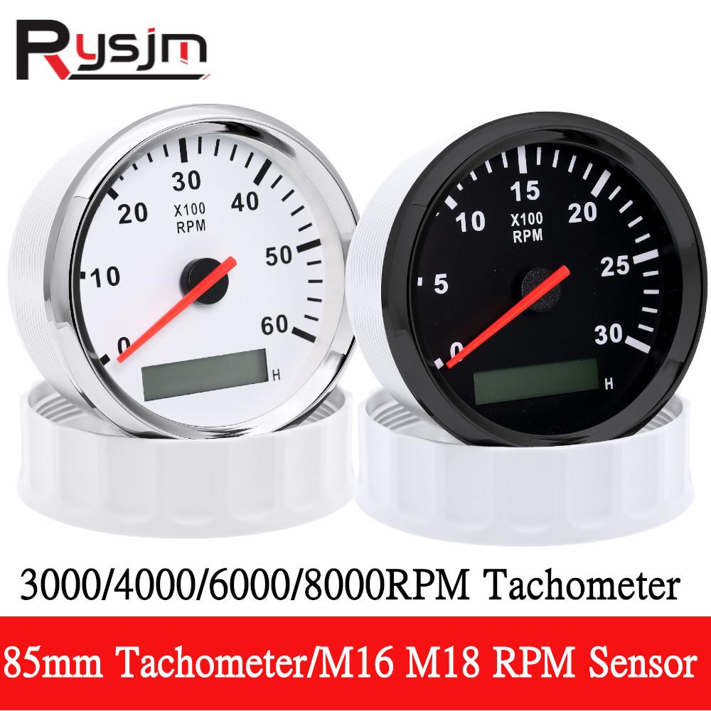 Universal 85mm Boat Tachometer Marine Tacho Meter Gauge LCD Hourmeter 6000RPM 8000 RPM Meter Car tacometro Toerenteller 12V/24V