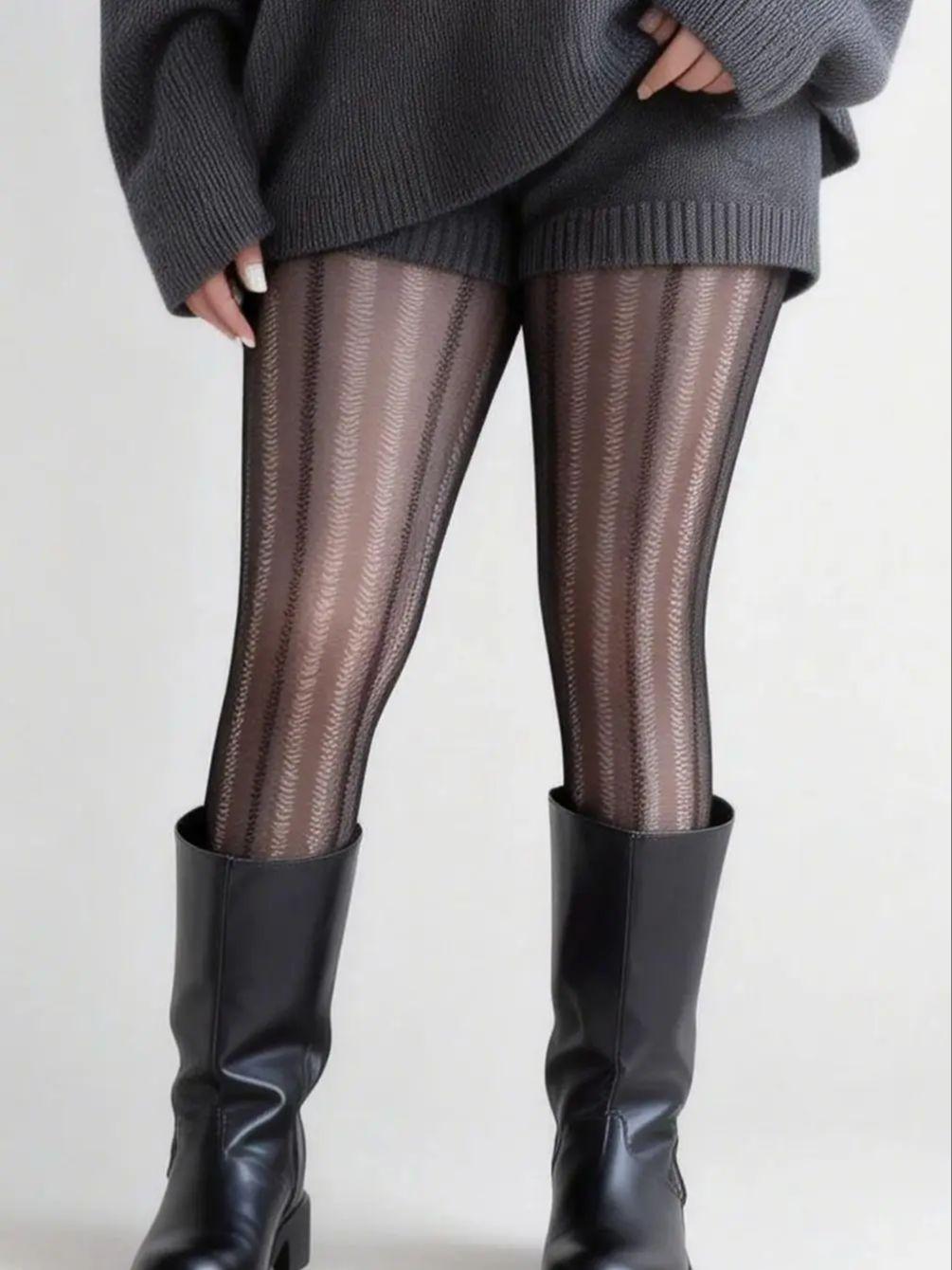 

1 Pc Women S Black Sheer Wave Pattern Pantyhose, Side Strip Slimming High-Stretch Hosiery, Ideal For Autumn Winter Daily Commute S
