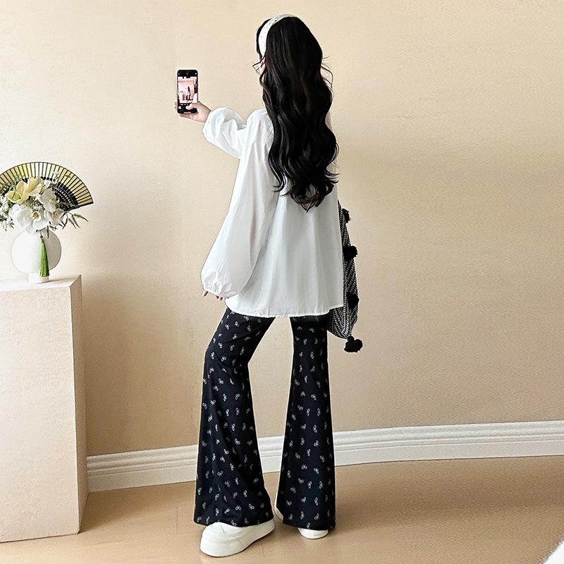 Spring 2026 Korean Maternity Outfit: Round Neck Shirt & Printed Belly Support Pants Set L
