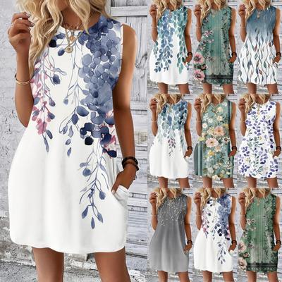 Vestido feminino casual e moderno, com decote redondo, sem mangas, estampado, comprimento médio