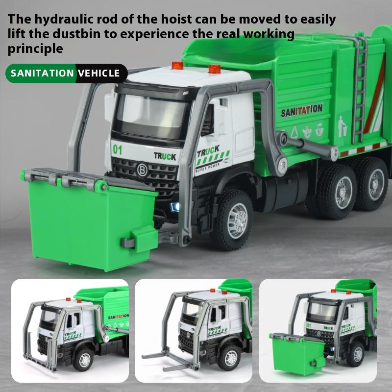 1/35 Urban Sanitation Vehicle Garbage Truck Model Metal Die Casting Engineering Vehicle Simulation Sound and Light Halloween Toy