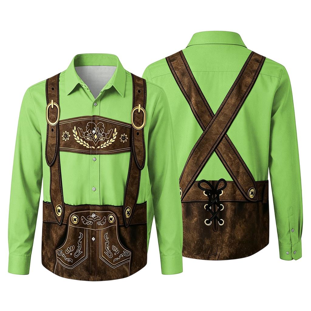 Camicia da uomo per l'Oktoberfest con stampa 3D, vestibilità larga, manica lunga, colletto, casual, stile vintage, traspirante, per lavoro, festival all'aperto, festa