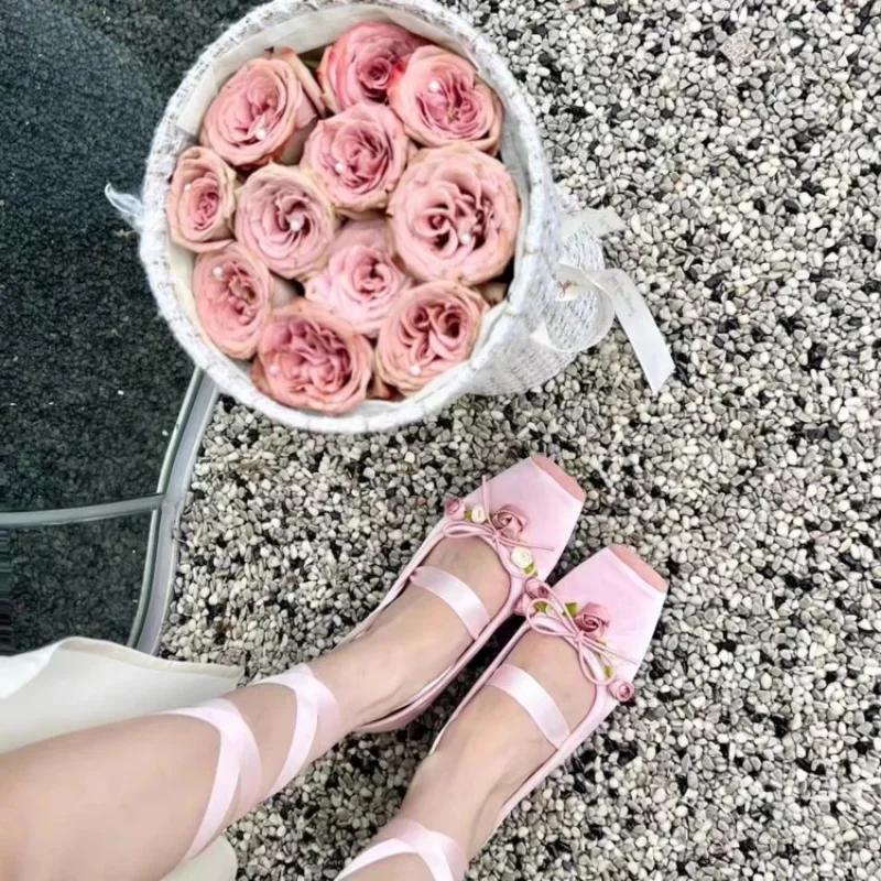 Fashion Sweet Best - Selling Satin Mary Jane Flats, Bow & Flower Detail, Beige & Pink, Ideal for Daily Casual