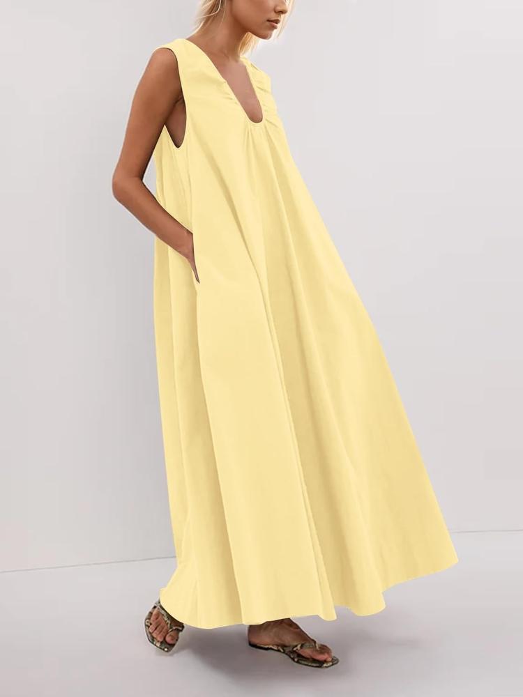 Black Deep V Neck Sleeveless Maxi Dress with Ruffle Detail, Elegant Flowy A-Line Skirt