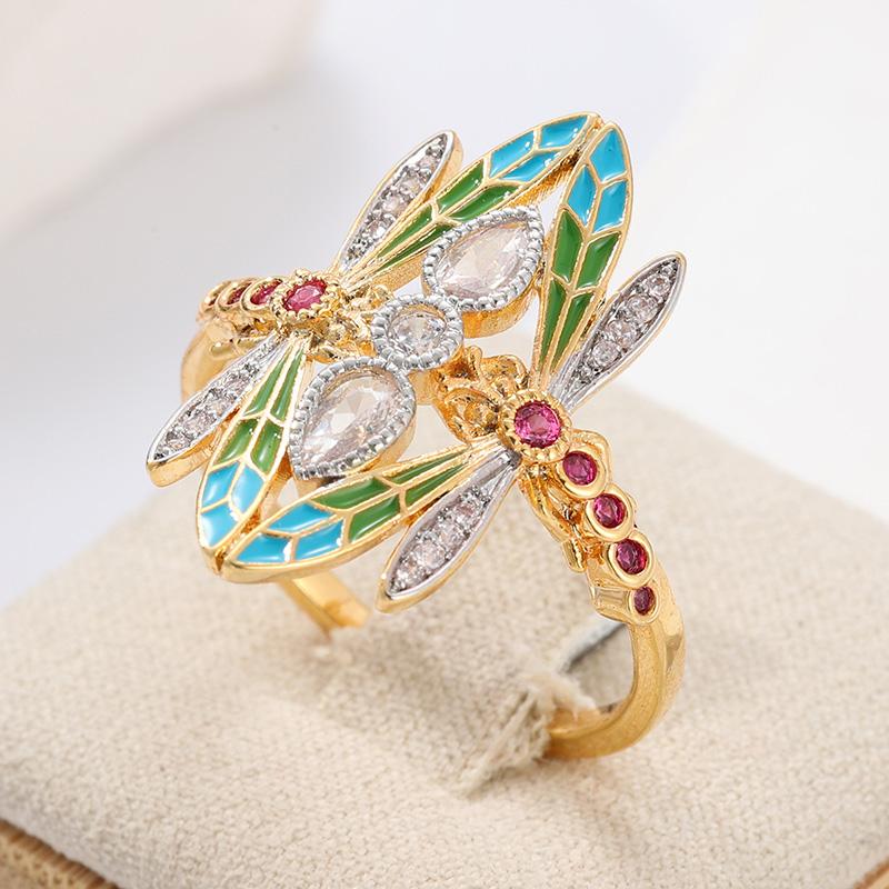 Vintage Inlaid Pink White CZ Women's Ring Trendy Gold Color Hand Carving Dragonfly Daily Wear Party Jewelry Anniversary Gift