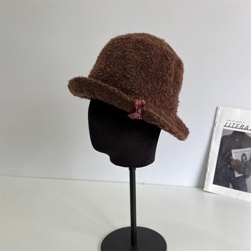 Chapeau cloche d'automne et d'hiver en laine, fil cercle, bord relevé devant, pour femme, doux, petit, frais, avec nœud, chaud, décontracté