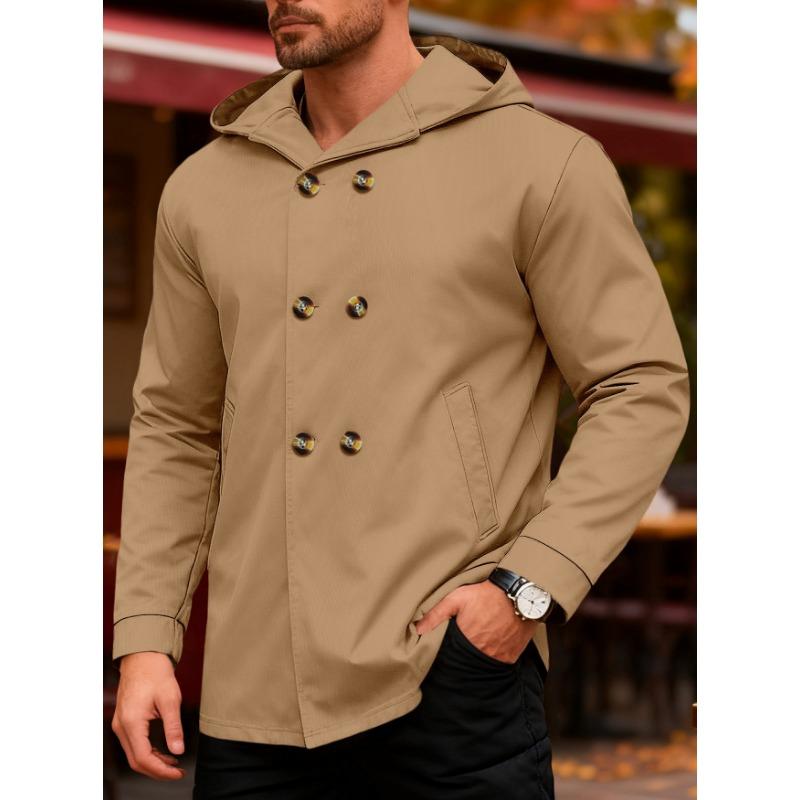 Men S Solid Color Hooded Mid Length Slim Fit Casual Trench Coat