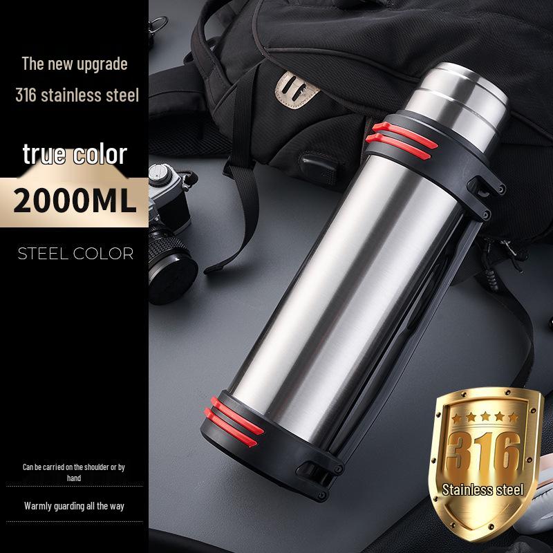 Large Stainless Steel Insulated Water Bottle with Double Lid and Strap for Outdoor Sports