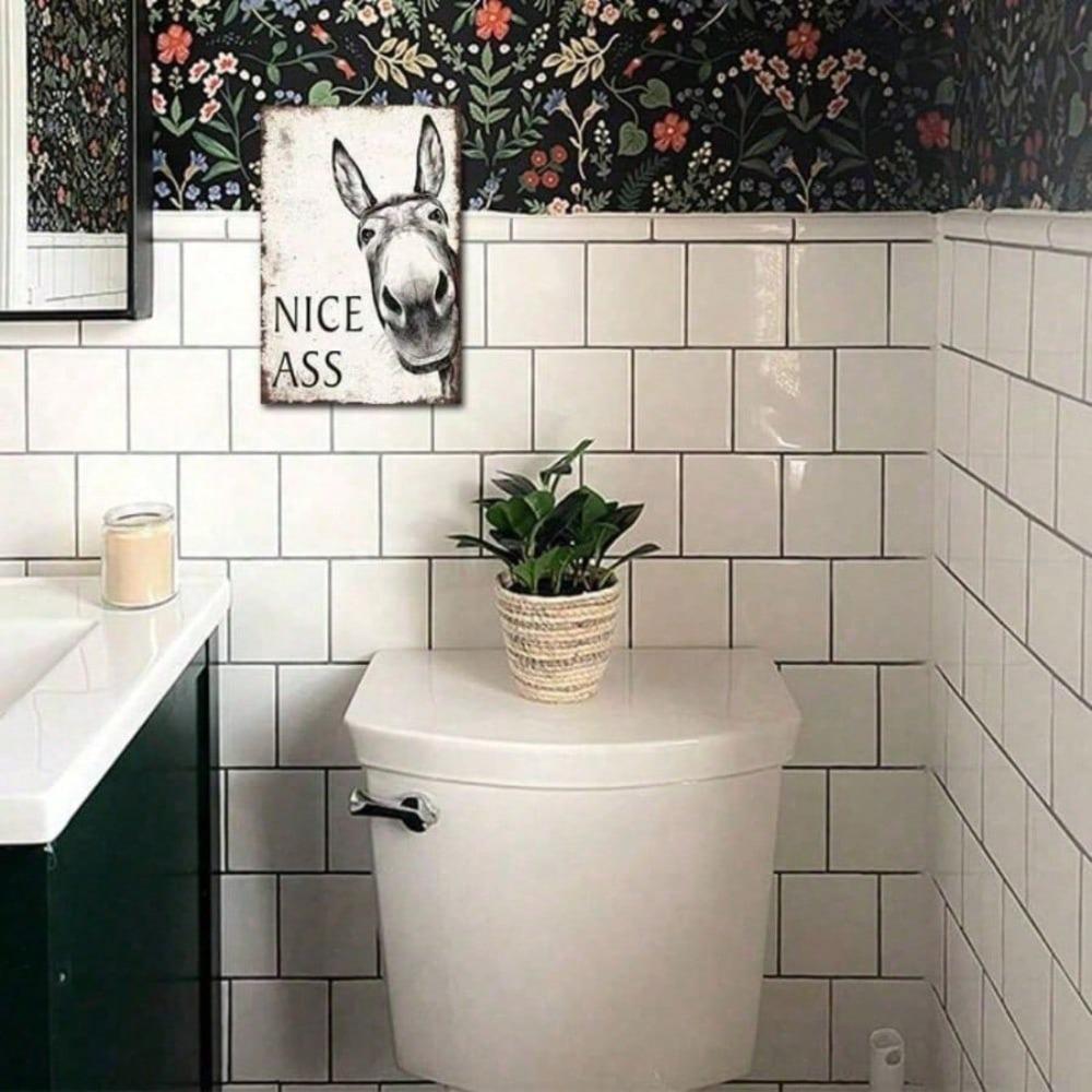 Vintage Metal Donkey Tin Sign – Funny Bathroom Decor, Humorous Farmhouse Toilet Wall Art, Cute Gift for Donkey Lovers