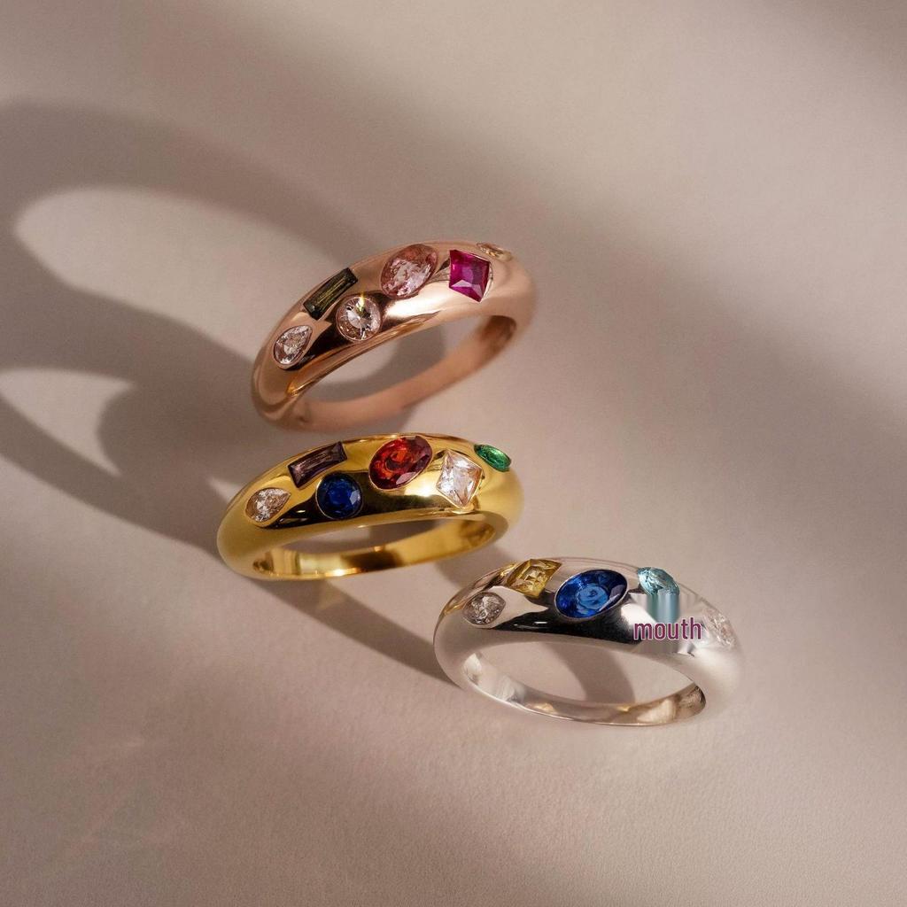 Geometric Irregular Design Pavé Set Colored Zircon Ring - High-End European and American Fashion Trend