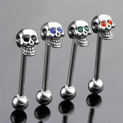 Stainless Steel CZ Gem Skull Silvery Tongue Barbell Ring Bar Body Piercing