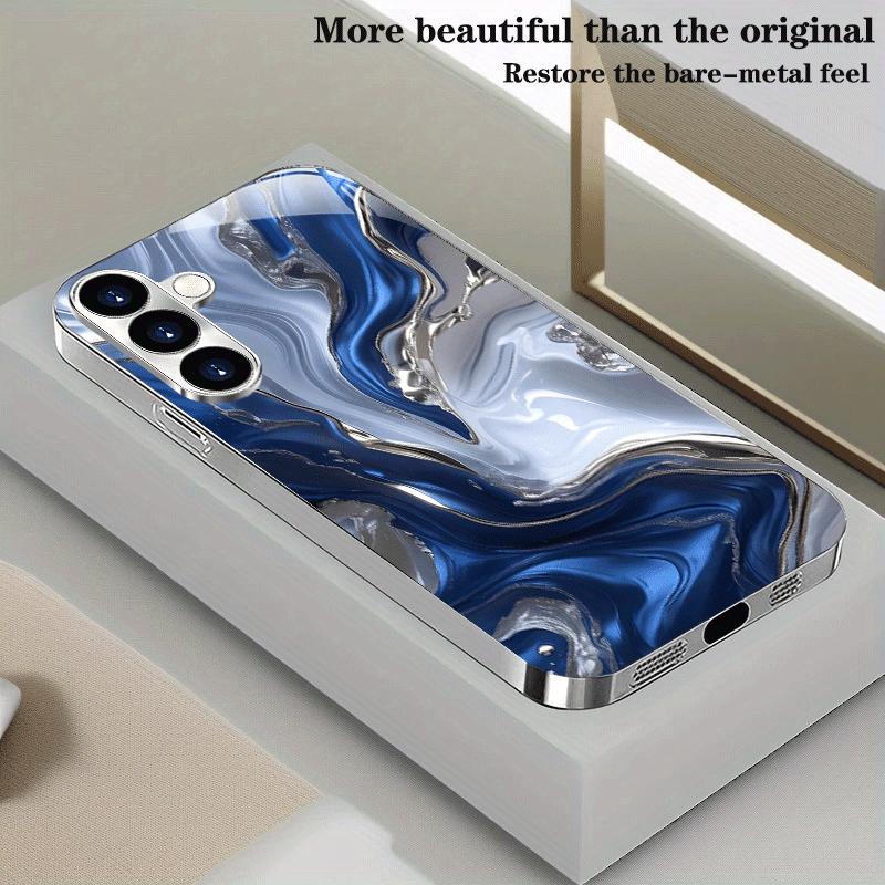 Silver Fluid Marble Pattern Tempered Glass Phone Case Suitable for Samsung Galaxy S26 S25 S24 S22 S21 S20FE Ultra Plus Anti Drop