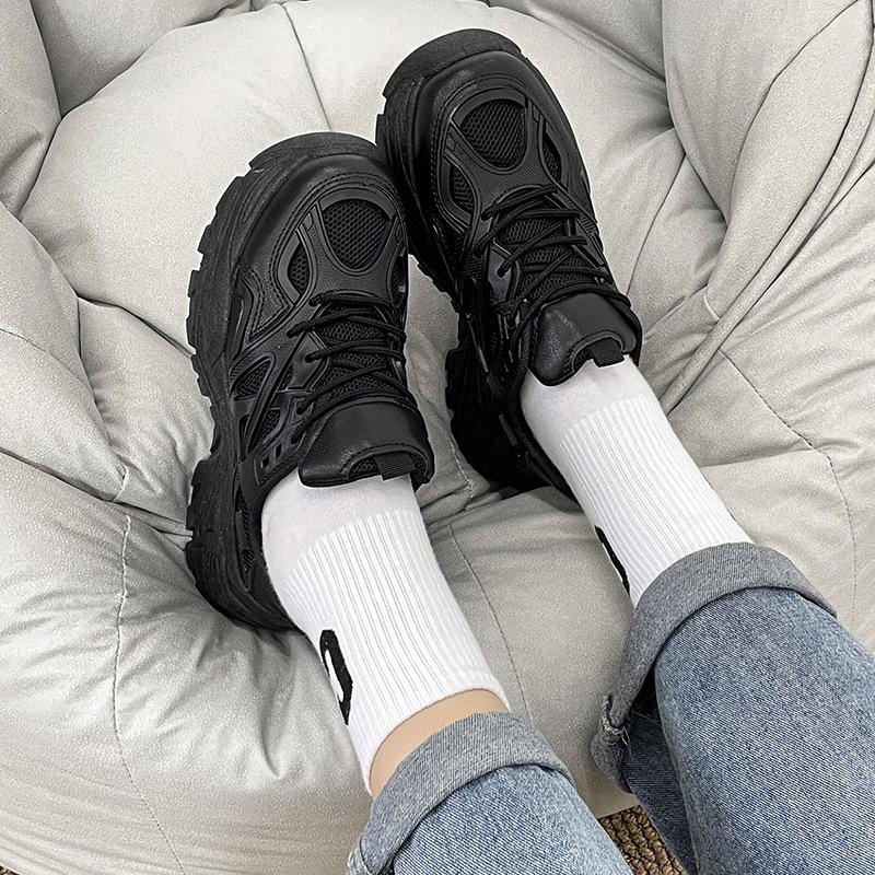 

2025 Korean version summer new student lace-up dad shoes women s breathable fashion mesh shoes inner height-increasing single shoes 35 чёрный