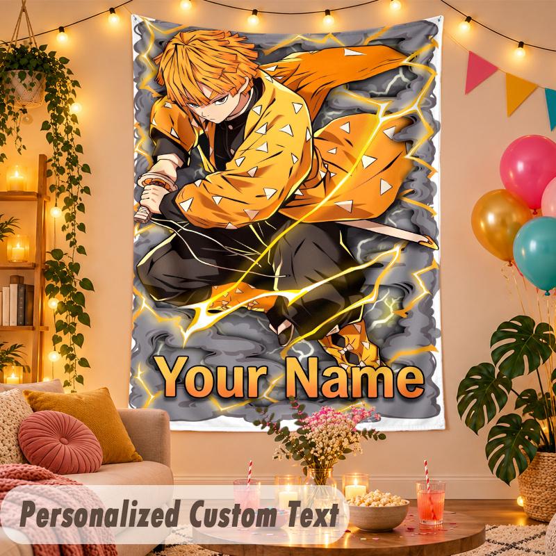 Zenitsu Agatsuma Personalized Wall Tapestry Custom Name Text Polyester Hanging Decor Home Room