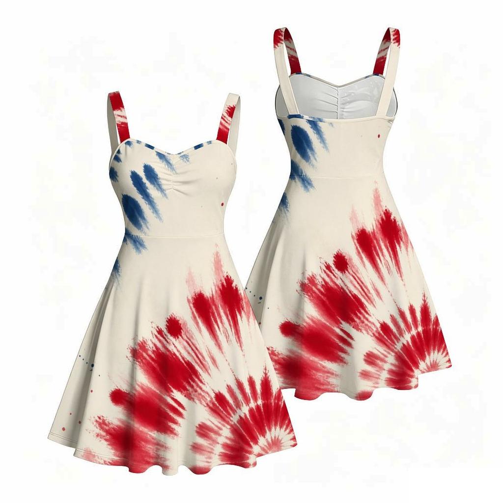 Women Plus Size Spaghetti Strap Off Shoulder Dress Swirl Tie Dye Star Patriotic Print Swing Dress