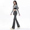 Women's High Waist Retro Smoke Gray Flared Jeans - Stylish Spring/Autumn Elastic Horseshoe Blue Pants