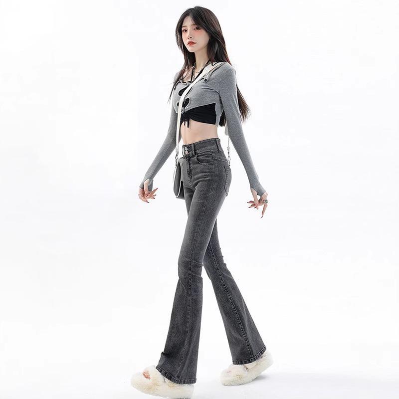 Women's High Waist Retro Smoke Gray Flared Jeans - Stylish Spring/Autumn Elastic Horseshoe Blue Pants