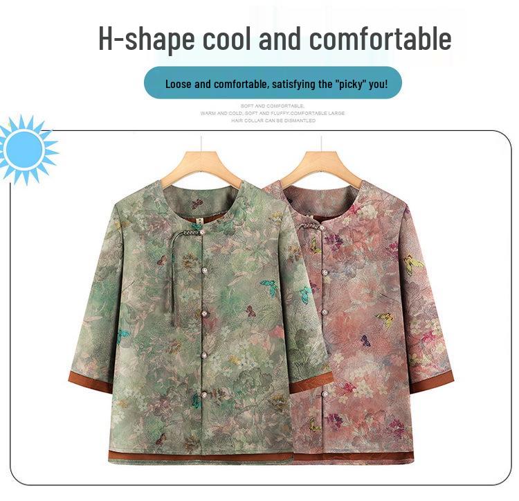 Summer Chinese Style Plus Size Top for Elderly Women - Loose Three-Quarter Sleeve Shirt