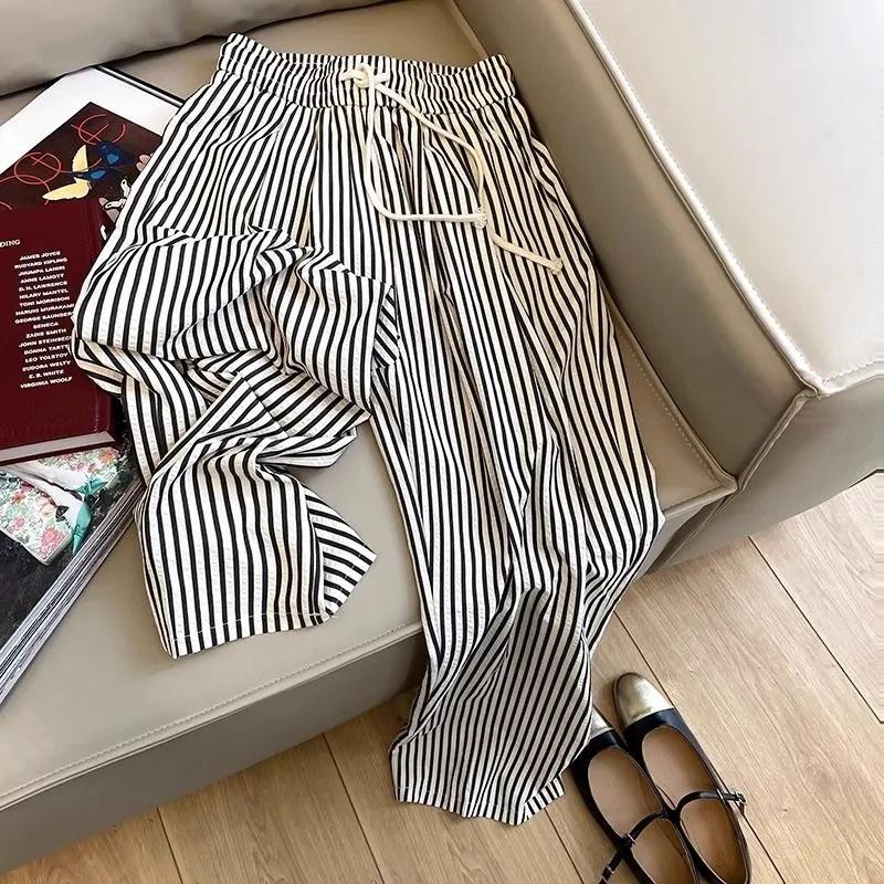 Women’s Summer 2026 Elastic Waist Striped Drawstring Casual Pants: Japanese & Korean Slimming Straight-Leg Style